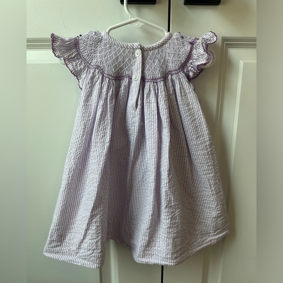 Classic Whimsy Seersucker Smocked Purple and White Embroidered Dress (Sz 9Mo) - Picture 2 of 3